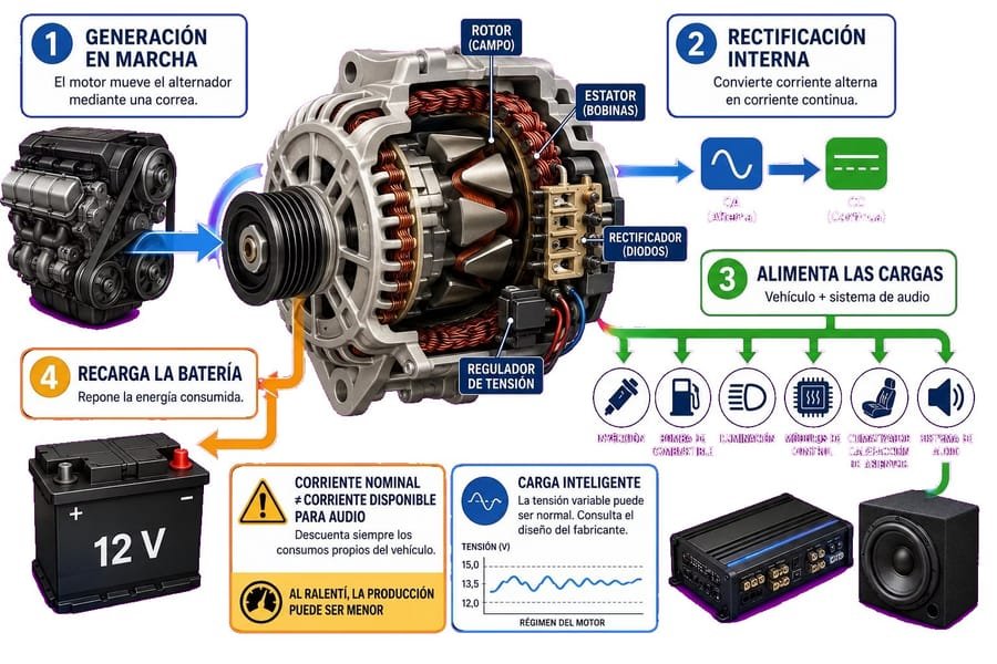 Diagrama del alternador, batería y cargas del sistema eléctrico